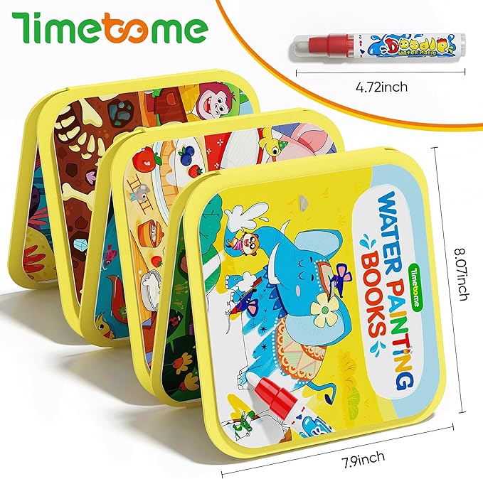 Timetome Reusable Water Painting Books for Kids – 3-Pack Magic Water Reveal Coloring Books with Water Pens (Fairy Tale, Animal & Dinosaur) No-Mess Coloring & Reusable Fun Travel Activity for Ages 3–6