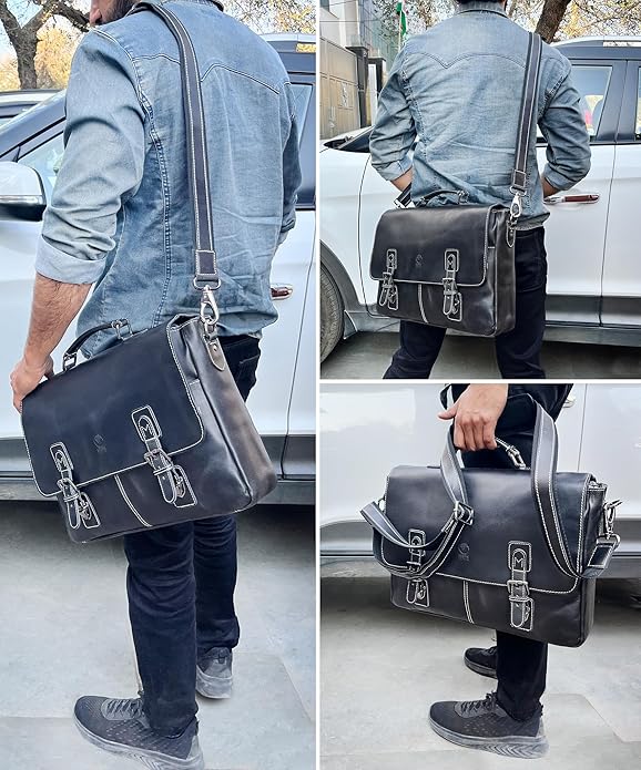 RUSTIC TOWN 16" Leather Laptop Messenger Bag for Men - Full Grain Leather Briefcase Computer Satchel Office Crossbody Bag