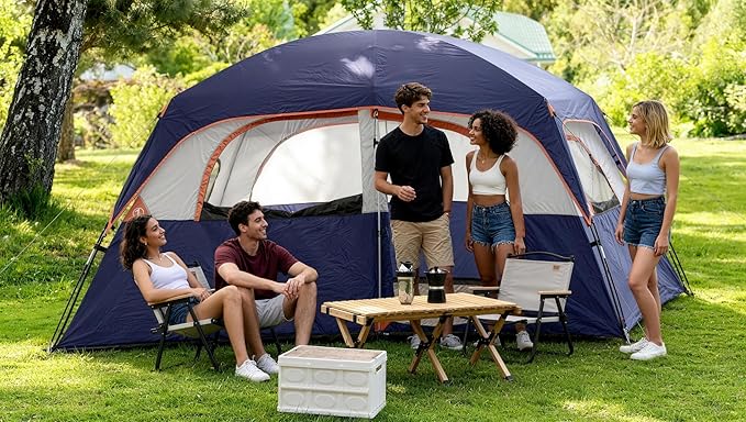CAMPROS CP Upgraded 6/8 Person Camping Tents, Waterproof Windproof Family Tent with Larger Mesh Windows & Door, Double Layer, Easy Set Up, All-Season Dome Tent with Top Rainfly & Carry Bag