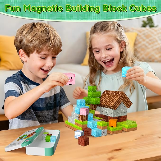 Magnetic Blocks Minecraft-Style Magnetic Building Blocks Cubes - 35PCS Tin Box Magnet Toys Travel Set STEM Educational for Kids Ages 4-8 6-8 8-12 Year Old Boys Girls Birthday Christmas