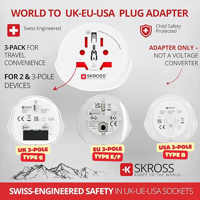 SKROSS World Travel Adapter Set 3-Pack — USA, UK & Europe Plug Adapters, Swiss-Engineered Country Travel Adapter Bundle, White
