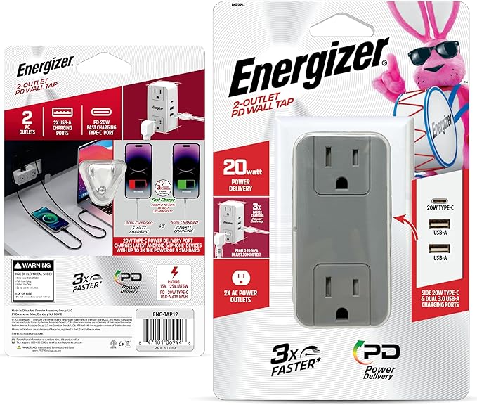 Energizer 5 Device Fast Charging Multi Plug Wall Outlet Extender (2) AC Power Outlets (1) 20W PD Type C (2) USB A (3.1A Total Output) Power Strip Expander Outlet Splitter Plug in Adapter