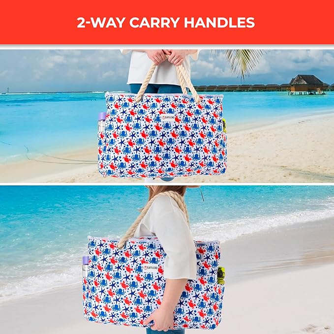 Beach Bag and Pool Bag Has Cooler Pocket, 7 Pockets Total, Zip Top. Family Size Waterproof Beach Tote