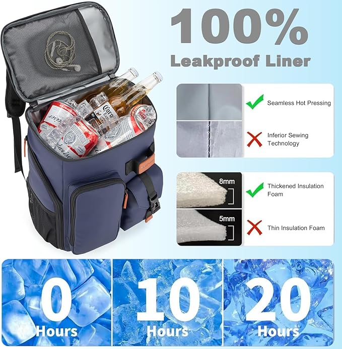 BAGPARKK Insulated Cooler Backpack,33/45 Cans Multifunctional Double Deck Leakproof Cooler Bag with Sternum Strap,Large Capacity Lightweight Travel Camping Beach Backpack