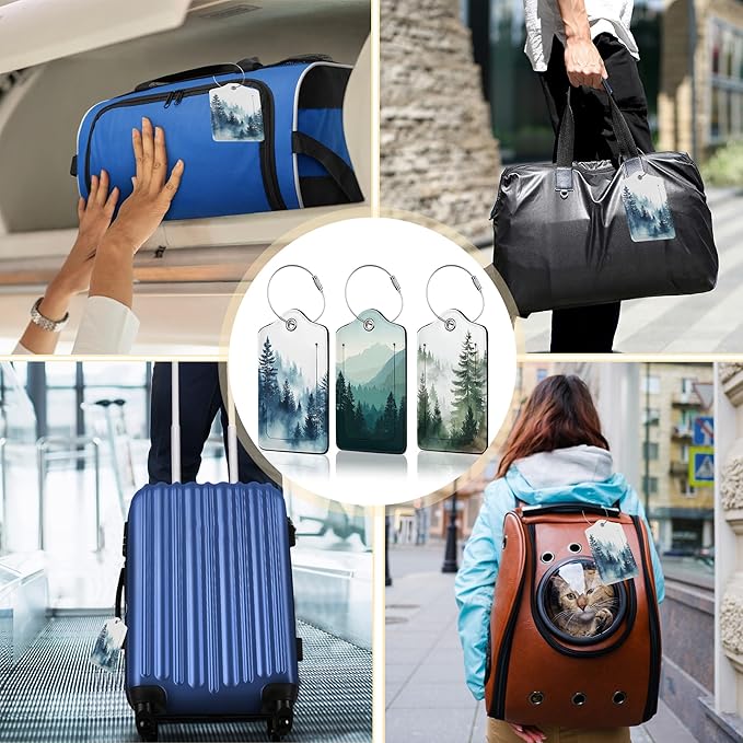 3 PCS Misty Forest Landscape Luggage Tags,Suitcase Tags Privacy Cover ID Label with Stainless Steel Loop and Address Card for Travel Bag Suitcase