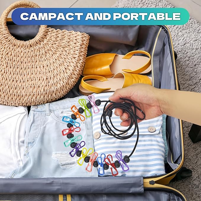 2 Pack Portable Travel Clothesline with 12 Clothespins, Retractable Camping Clothesline for Indoor & Outdoor, Elastic Clothes Line for RV/Cruise/Camper/Hotel/Laundry Room (Multicolor)