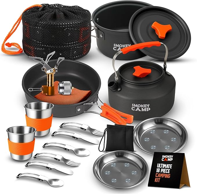 Smokey Camp Camping Cookware Mess Kit Set with Stove - Backpacking Camping Pots and Pans Set, All in One Non-Stick Camping Cooking Set, Portable Stove, Hiking, Picnic, Outdoor & Camping Cookware Set