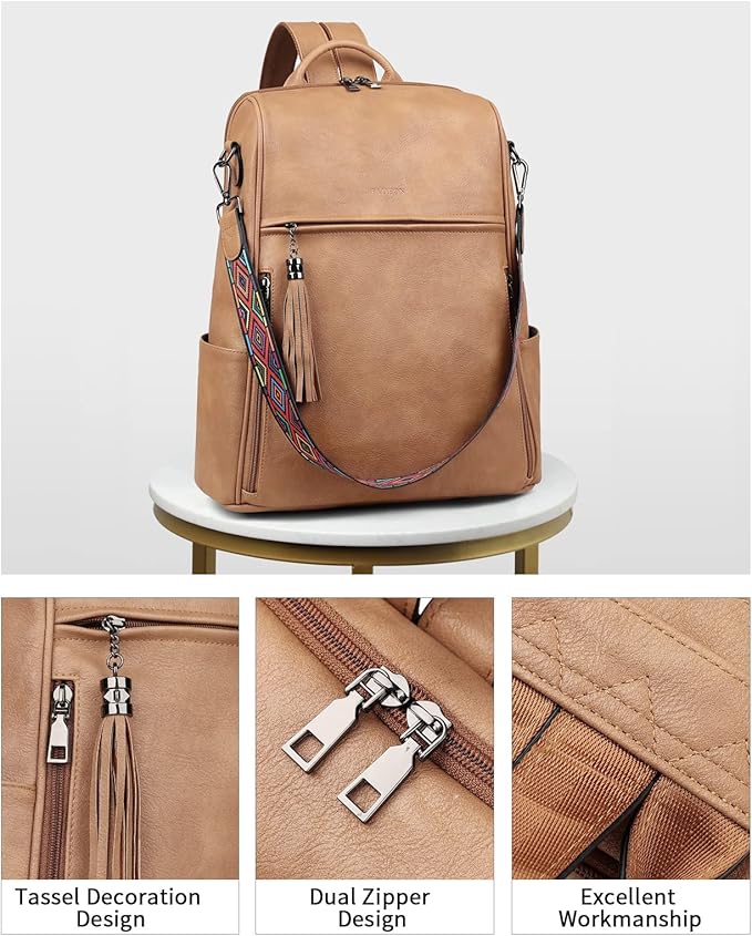 FADEON Leather Laptop Backpack for Women Designer 15.6 inch PU Laptop Bag, Ladies Travel Computer Work Backpack Camel Brown