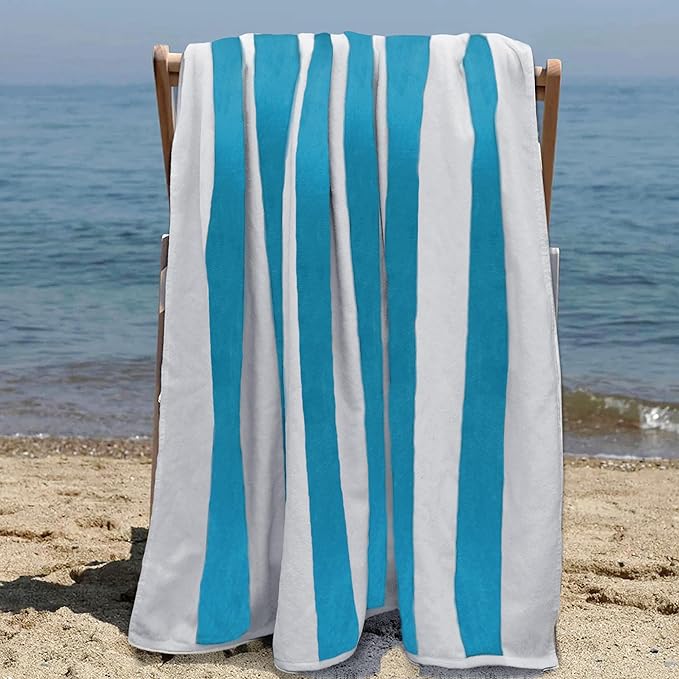 COTTON CRAFT Oversized Beach Towels - 2 Pack XXL 35x84 - The Big Kahuna 7 Foot Extra Large Beach Blanket Towel - Big & Tall - Huge 100% Cotton Velour Soft Luxury Pool Bath Towel - Cabana Stripe Aqua