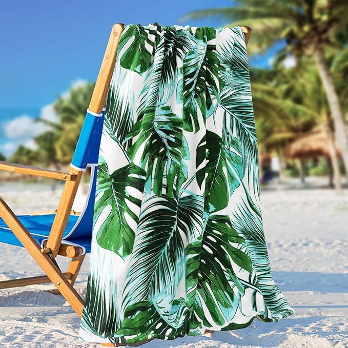 Genovega Oversized Terry Beach Towel 36 x 72 in Soft Extra Large Big Pool Swim Towels for Adult XL Clearance Big Travel Blanket Cruise Vacation Accessories Essentials Lounge Chair Cover Green Leaves