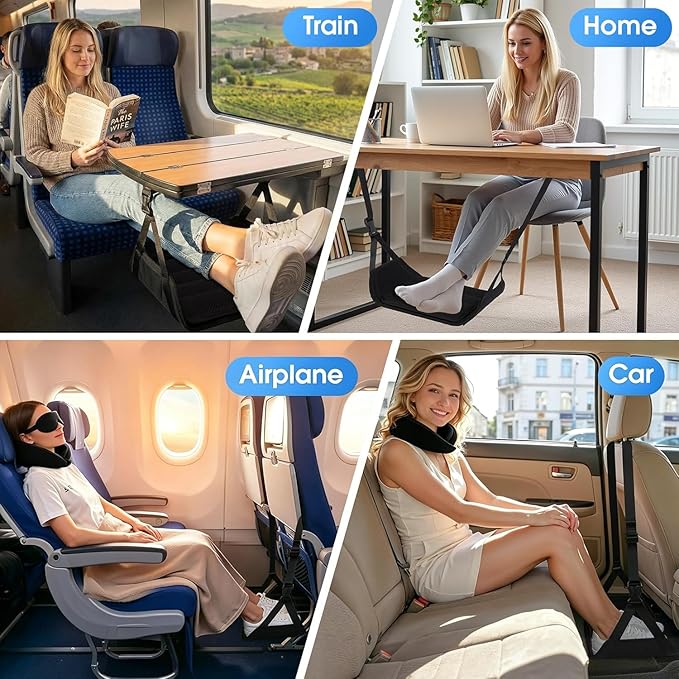 Ergonomic Airplane Pillow and Airplane Foot Hammock, Ultra Portable Neck Pillow with 360° Head Support, Portable Travel Foot Rest with Adjustable Strap, Includes Eye Mask & Ear Plugs, for Flight, Car