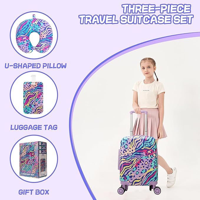 Kids Luggage with Spinner Wheels 5 Piece Carry on Suitcases for Girls Backpack with Lunch Box Pencil Case 16" Toddler Suitcase Set Airline Approved (Blue Purple Leopard)