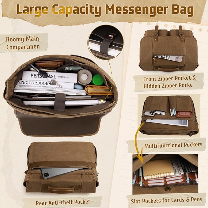 RAINSMORE Mens Messenger Bag 17-17.3 Inch Vintage Canvas Briefcase Water-resistant Large Computer Laptop Bag Rugged Satchel Shoulder Bag for Work Travel, Bookbag for College