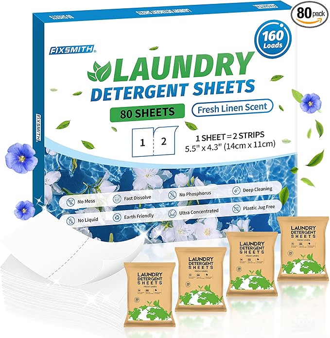 FIXSMITH Laundry Detergent Sheets - 160 Loads (80 Sheets) Fresh Linen Scent - Hypoallergenic,Eco Friendly Laundry Detergent Strips Ultra-Concentrated Travel Detergent Sheets.Plastic-Free,Liquidless.