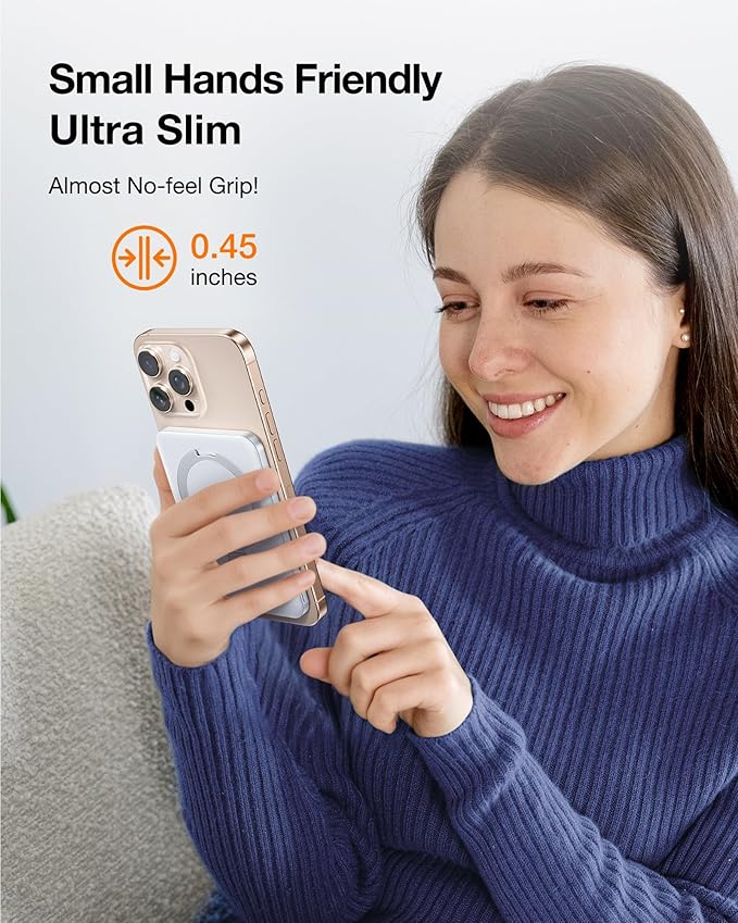 TORRAS 0.45" Slim Magnetic Portable Charger Power Bank for iPhone 5000 mAh 22.5W PD Fast Charging Wireless Battery Pack O-Stand Compatible with Magsafe Rose Gold+White