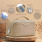 BOYATU Travel Makeup Bag Cosmetic Bags for Women: Large Capacity 3 Pcs Set Make up Bag with Compartments - Waterproof Vegan Leather Toiletry Organizer Bags with Handle (L12 Apricot)