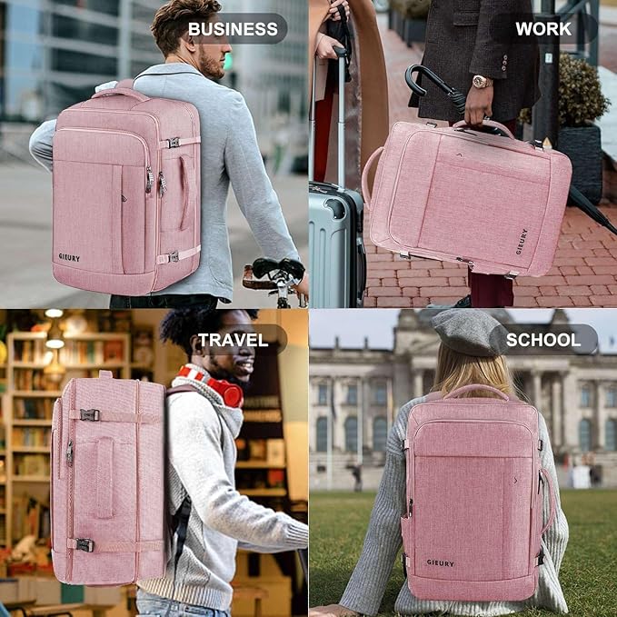Gieury Carry On Backpack for Women, 50L Travel Backpack Flight Approved, Expandable Backpack For Airplanes, 17 Inch Laptop Backpack, Luggage Suitcase Daypack Lightweight Business Weekender Bag, Pink