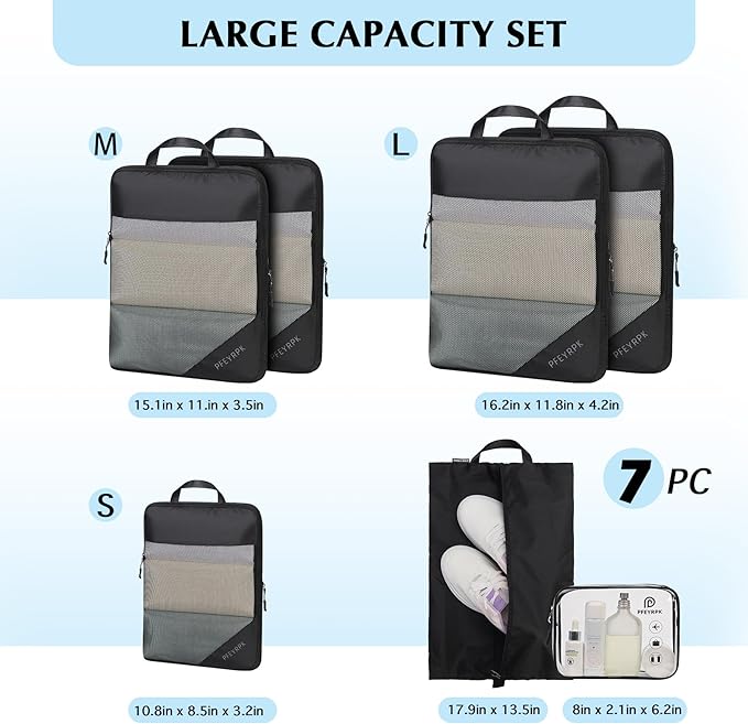 PFEYRPK Lightweight Compression Packing Cubes for Suitcases, Compressible Expandable Travel Packing Organizer with Clear Toiletries and Backpack Bag, Travel Essentials for Carry on Luggage 7 Set