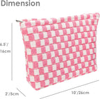 Knitted Checkered Makeup Bag Large Zipper Make Up Accessory Pouch for Purse Cosmetic Brush Bag for Travel Essential Pink White
