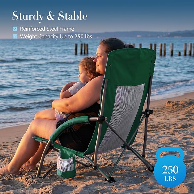 DUMOS Low Beach Chair for Adults, Lightweight Folding Beach Chair with Cup Holder, Storage Bag, Breeze Mesh Back, Padded Armrests, Compact Low Profile Chair for Camp, Picnic, Lawn, Sand