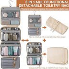 Elviros Hanging Travel Toiletry Bag for Women, 3-in-1 Large Makeup Bag and Cosmetic Organizer, Vegan Leather Waterproof Skincare Case for Travel Size Toiletries and Accessories, Gift for Women