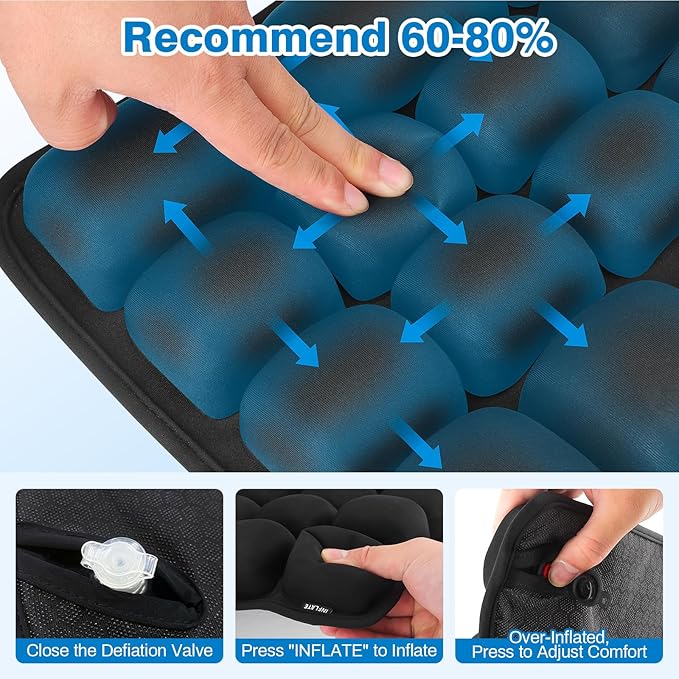 Seat Cushion, Office Chair Cushion with Storage Bag, Travel Seat Cushion for Airplane, Press Type Air Inflatable Airplane Seat Cushions for Plane, Car, Office (Single-Sided Black, Square)