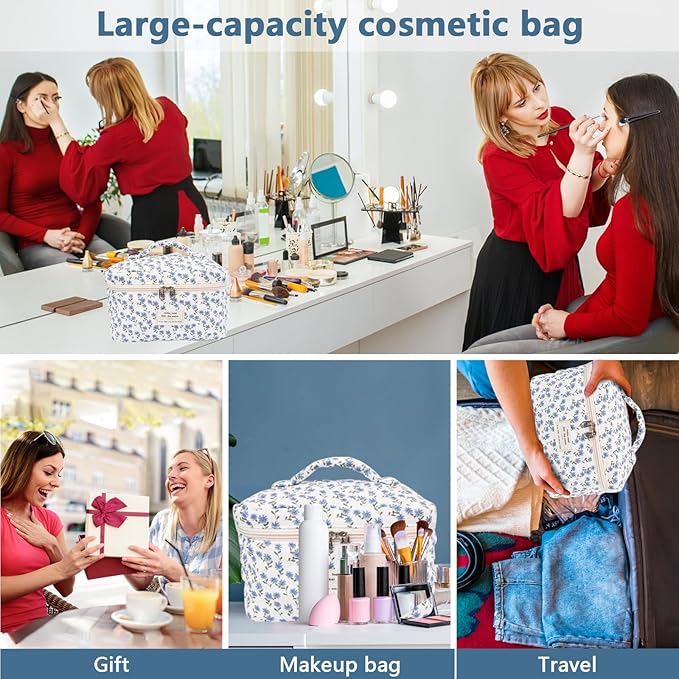 Gosect Large Makeup Bag, Cute Cosmetic Bag for Women Girls, Floral Coquette Aesthetic Toiletry Bag, Travel Make Up Organizer Bag (Blue Peacock Flower)