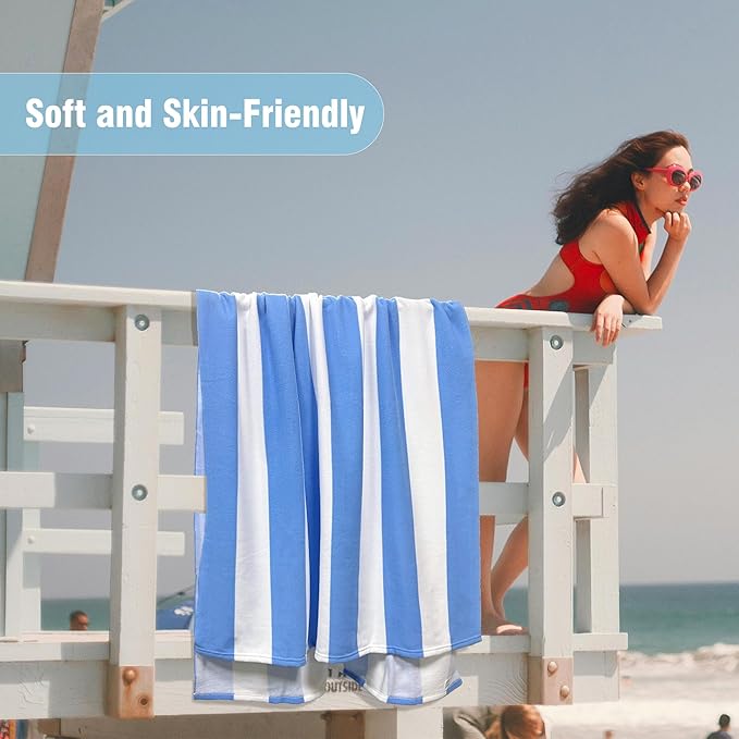 HENBAY Large Oversized Beach Towel - 35 x 70 Inch Microfiber Pool Towel, Blue Striped Quick Dry Cabana Swim Towel