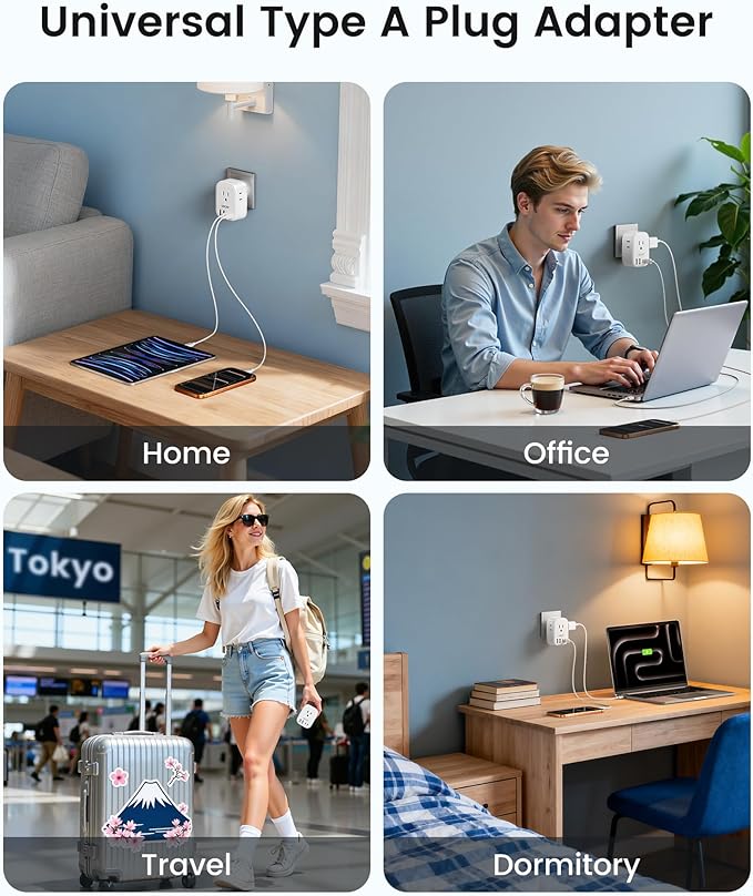 LENCENT US to Japan Plug Adapter, 2 Prong to 3 Prong Outlet Adapter with 4 Outlets 4 USB Ports(2 USB C), Type A Travel Converter for US to Japan Canada Mexico China Philippines Peru