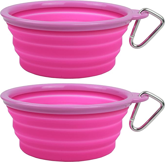 Collapsible Silicone Water Travel Bowl with Clip for Dog and Cat, Portable and Durable Pop-up Feeder for Convenient On-The-go Feeding – Size: Large (5 Cups) Pink – 2 Pack