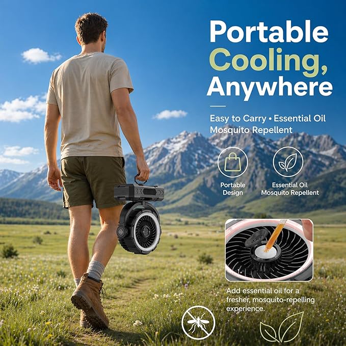 Rechargeable Camping Fan with Oscillating,【Max 60Hrs】Portable Battery Powered Operated Fan,20000mAh Outdoor Turbo Tent Fan & Light,Timer,Hook for Travel,Fishing,Jobsite,Beach,Indoor,Camping Essential