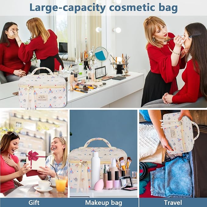 Gosect Large Makeup Bag, Cute Cosmetic Bag for Women Girls, Floral Coquette Aesthetic Toiletry Bag, Travel Make Up Organizer Bag (Small Elephant)