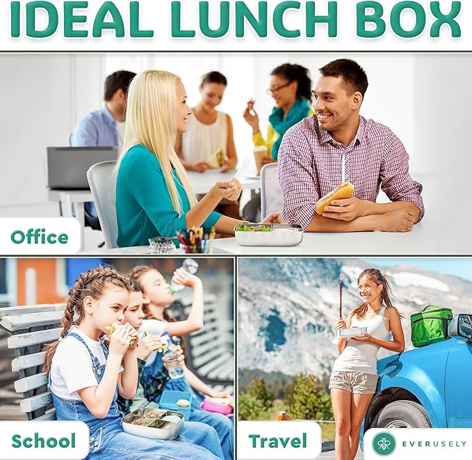Everusely - Bento Box - Green, 47oz / 1.4 L - Large Stainless Steel Lunch Box with Leakproof Condiment Container - 3 Compartment Snack Organizer for On the Go Meals - Freezer & Dishwasher Safe