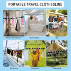 3.8M Travel Clothesline with 22 Clothes Clips, Retractable Portable Clothesline, Multifunctional Clips for for Camper Hotel Room Clothes, Books, Indoor and Outdoor, Colorful