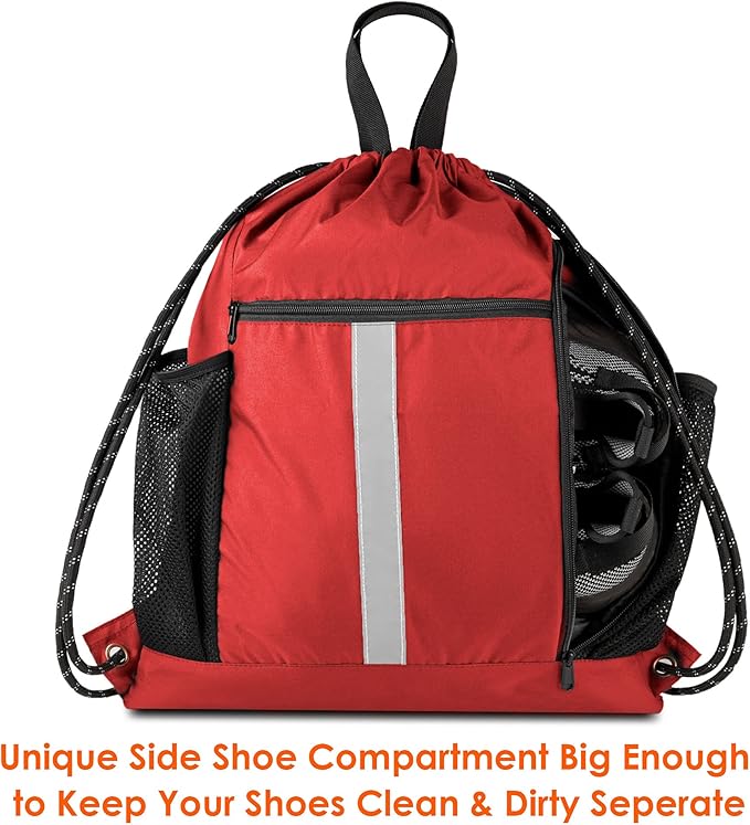 BeeGreen Red Drawstring Backpack Gymsack Bag with Shoe Compartment and Two Side Mesh Pockets Lightweight Durable Sports Cinch Sackpack 1 Pack for Women Men Workout Swim
