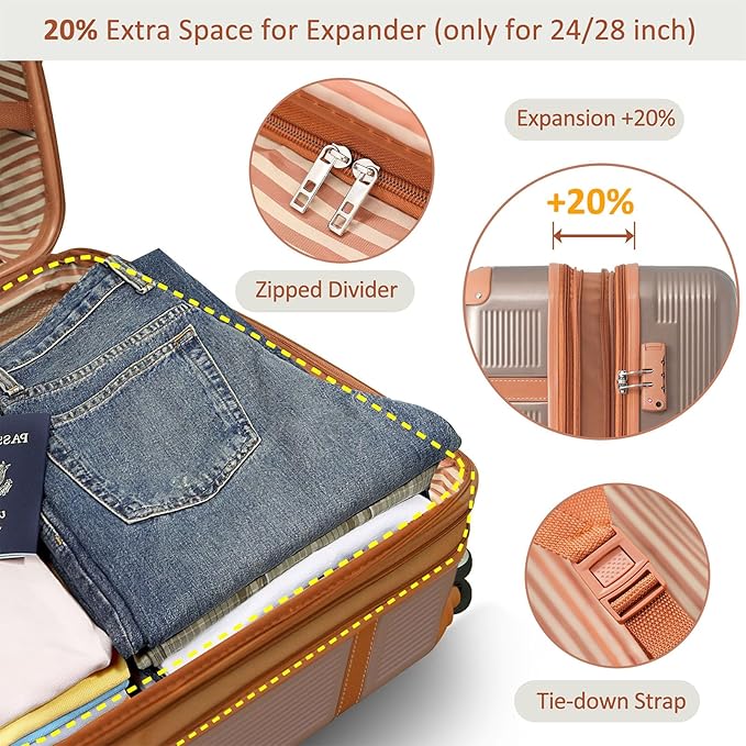3 Piece Hardshell Luggage Sets 20"+24''+28" Expandable Hardside Luggages Spinner Suitcase with Spinner Wheels & TSA Lock,Lightweight Luggage Sets For Women Men Outdoor Travel Coppery