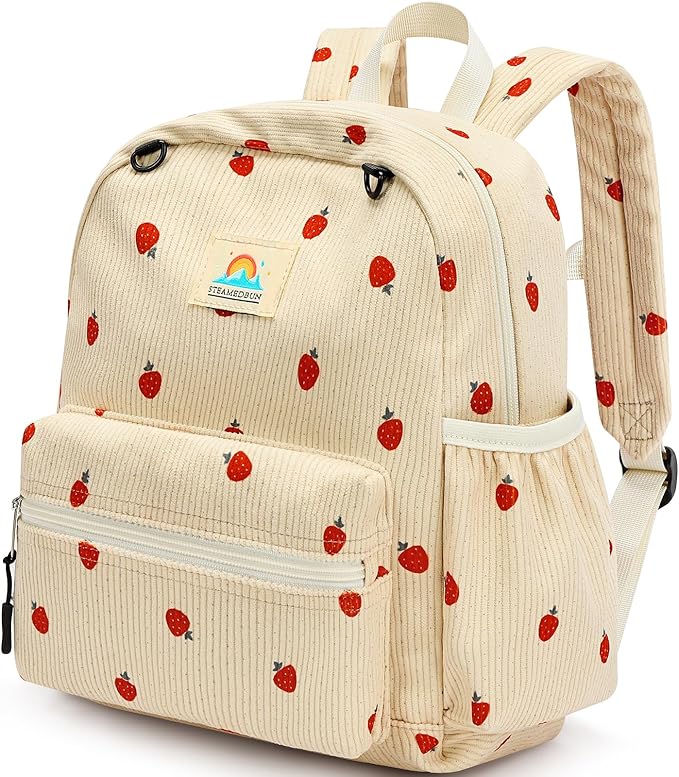 STEAMEDBUN Corduroy Toddler Backpack for Girls 2-4: Kids backpack for Boys Girls - 12 inch Preschool Kindergarten Backpacks - Strawberry
