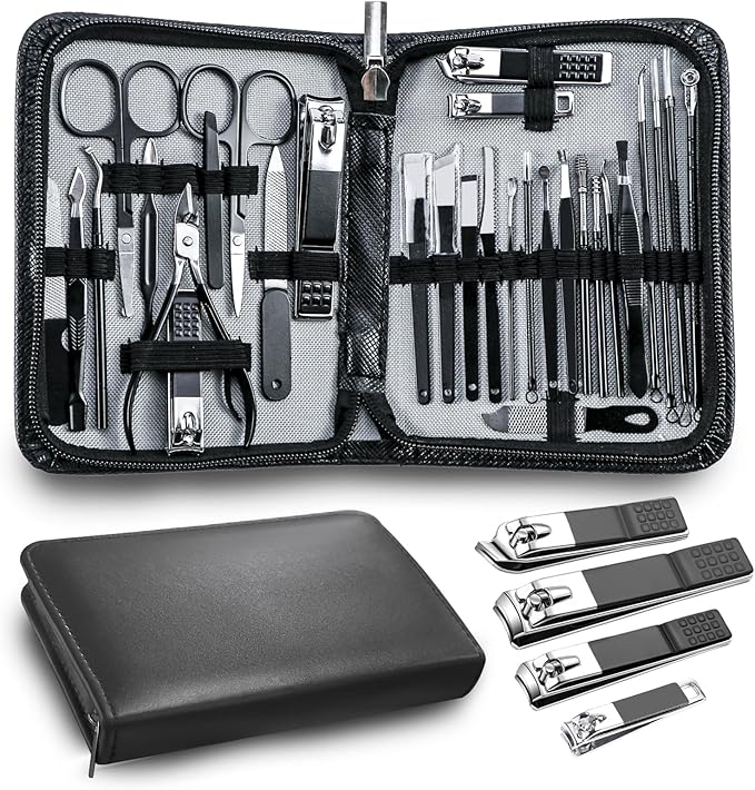 Manicure Pedicure Kit Professional 30pcs Complete Nail Care kit，fingernail and toenail Clippers and Manicure kit for Men with Travel Deluxe Beauty Tools Convenience Set (Black)