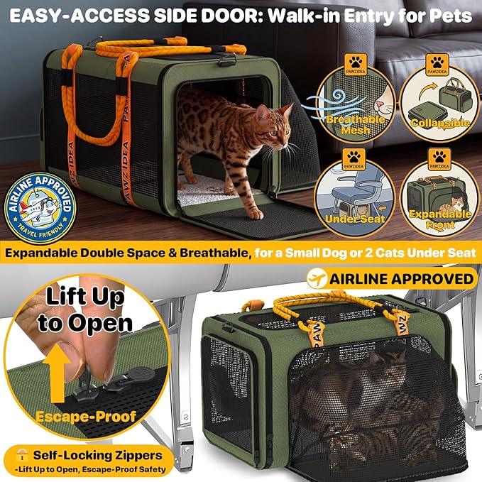 PAWZIDEA Expandable Pet Carrier Airline Approved, 18"×11"×11" Small Dog Carriers, Collapsible Top-Load Cat Carrier for 2 Cats Under Seat, Soft-Sided Puppy & Animal Travel Bag, ID Card, Up to 15lbs