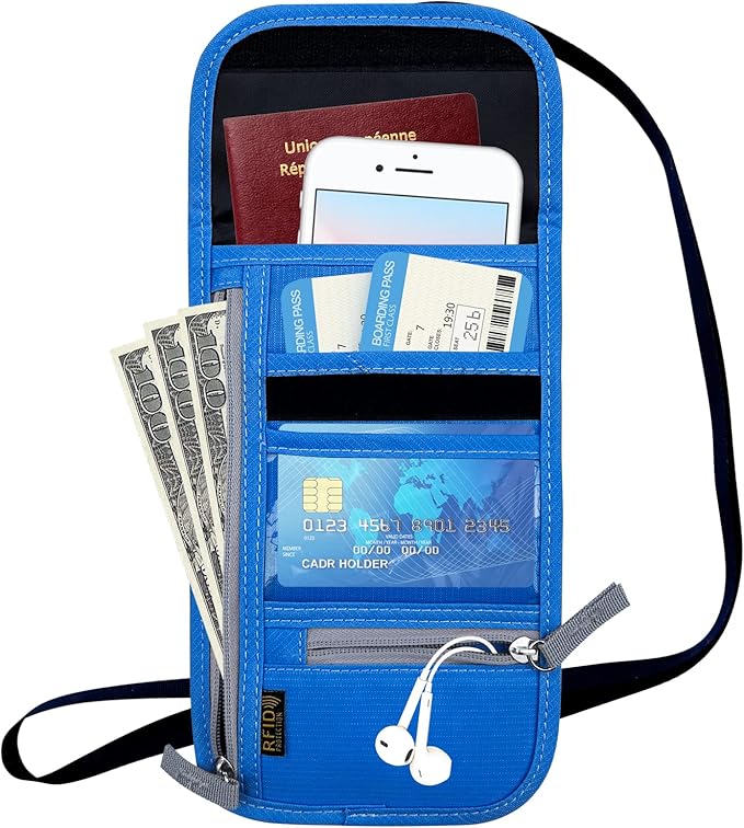 Travel Neck Wallet, RFID Blocking Passport Holder with Adjustable Neck Strap for Men and Women to Keep Cash, Credit Cards and Travel Documents Safe - Navy Blue