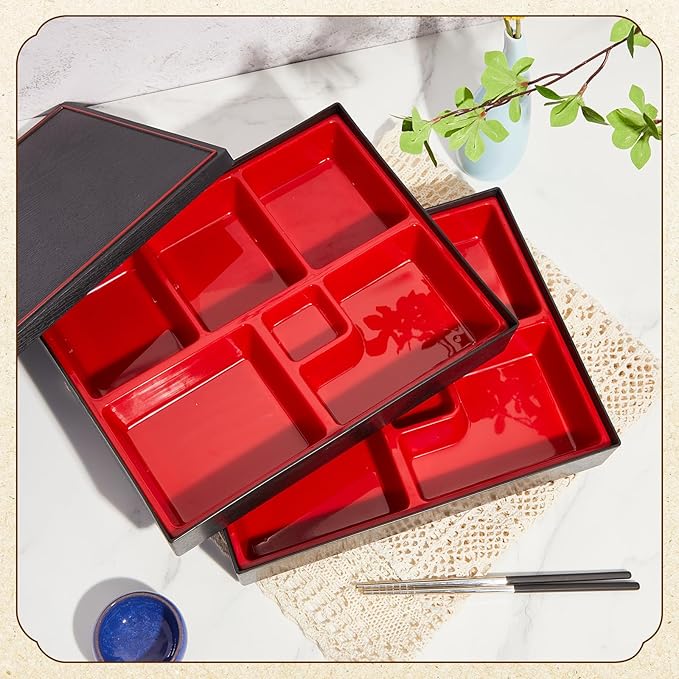 Teenyyou 2 Pcs 12 x 9.5 x 2.2 Inch Japanese Bento Box 6 Compartments Divided Lunch Box with Greaseproof Adult Japanese Bento Lunch Container Sushi Home Restaurant