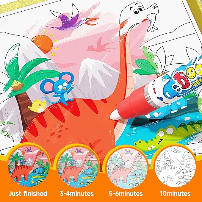 Timetome Reusable Water Painting Books for Kids – 3-Pack Magic Water Reveal Coloring Books with Water Pens (Fairy Tale, Animal & Dinosaur) No-Mess Coloring & Reusable Fun Travel Activity for Ages 3–6