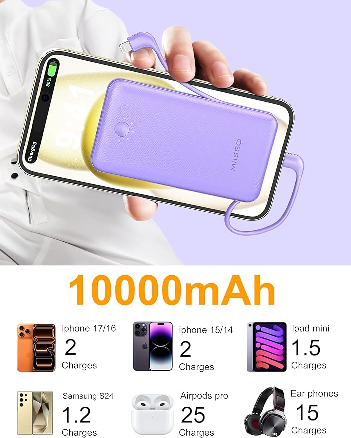 miisso Ultra Slim 10000mAh Power Bank Built-in Cables and Foldable AC Wall Plug, Pocket Size USB C Portable Charger, External Battery Pack Compatible with iPhone Samsung, Purple