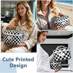 Gosect Large Makeup Bag, Cute Cosmetic Bag for Women Girls, Floral Coquette Aesthetic Toiletry Bag, Travel Make Up Organizer Bag (Black Checkered)