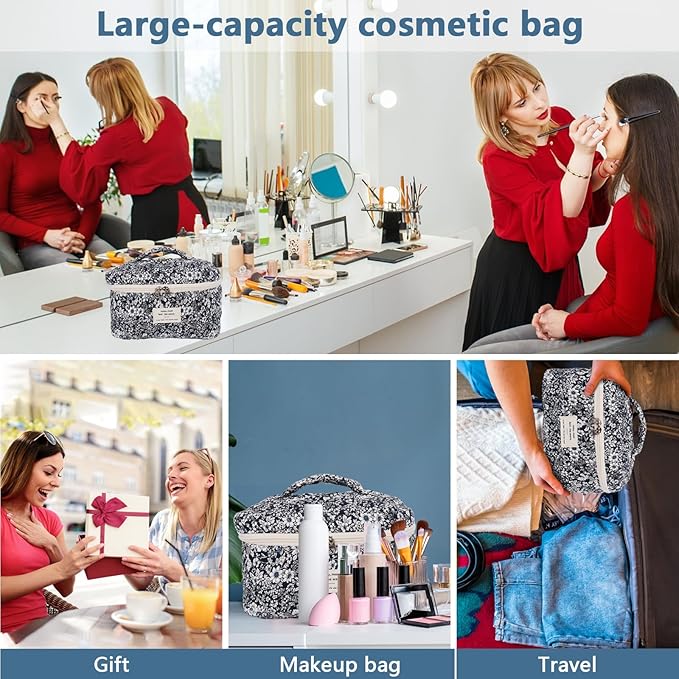 Gosect Large Makeup Bag, Cute Cosmetic Bag for Women Girls, Floral Coquette Aesthetic Toiletry Bag, Travel Make Up Organizer Bag (Black Rose Flower)