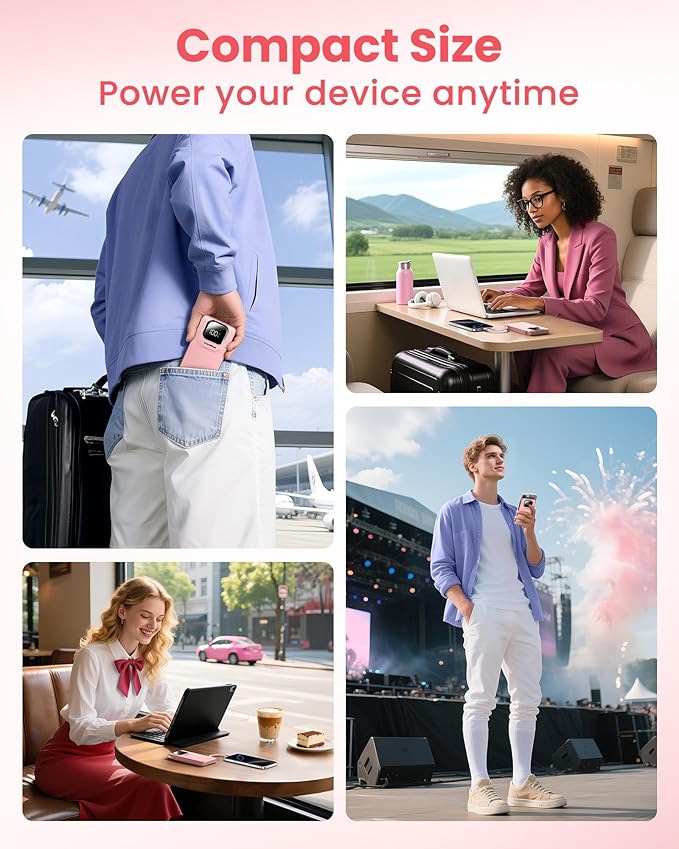 Portable Charger with Built-in Cables,22.5W Super Fast Charging Power Bank Slim Phone Charger,10000mAh Travel Battery Pack Battery Bank with Smart LED Display for iPhone, Android & USB-C (Pink)