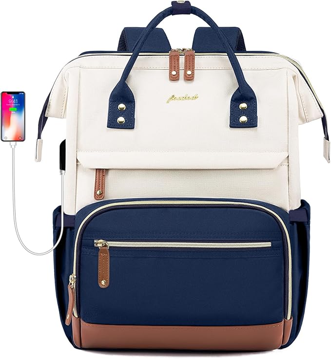 Focdod Laptop Backpack for Womem Work Bags: 15.6 Inch Travel BackPacks Durable Back Pack With USB Charging Port Anti Theft Fashion College BookBag Purse Bussiness Daypack for Nurse Teacher Navy Beige