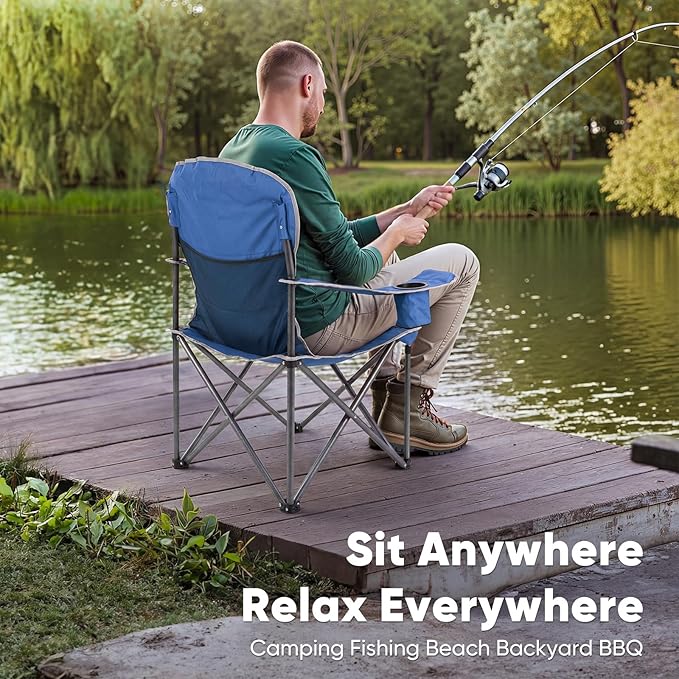 NEWBULIG Oversized Folding Camping Chair for Adults, Portable Outdoor Collapsible Chairs, 500 LBS Heavy Duty Support, with Cup Holders, for Lawn, Fishing, Hiking, Blue