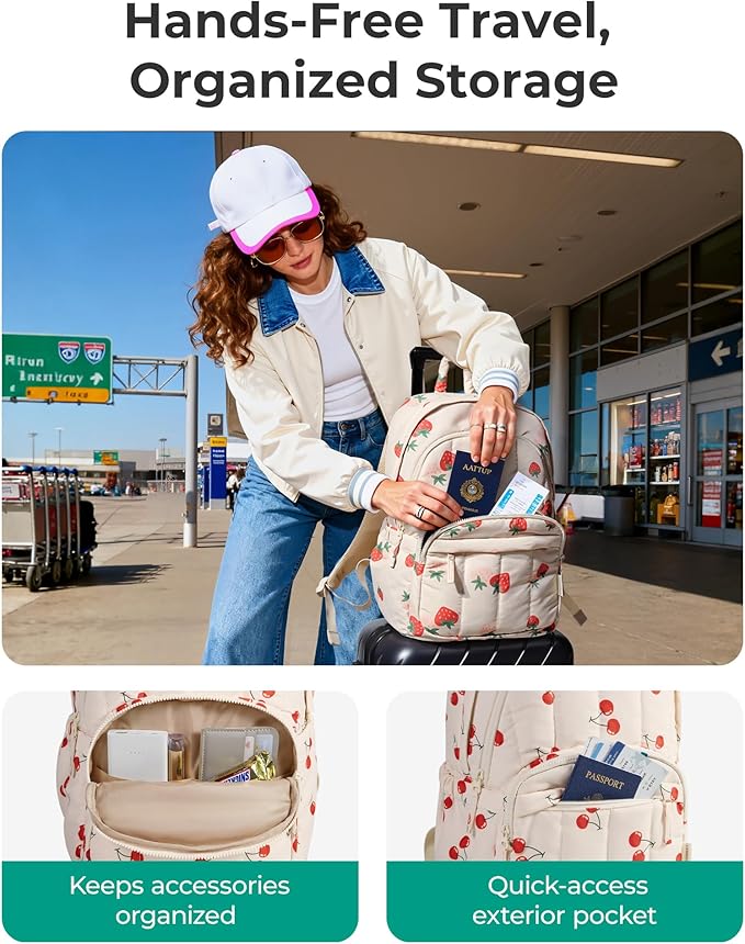 BAGSMART Womens Backpack Small Travel Laptop Backpack for Women, Quilted College Laptop Bookbag, Work Back Pack for Women, Cute Computer Water-Resistant Casual Daypack,Cherry Print