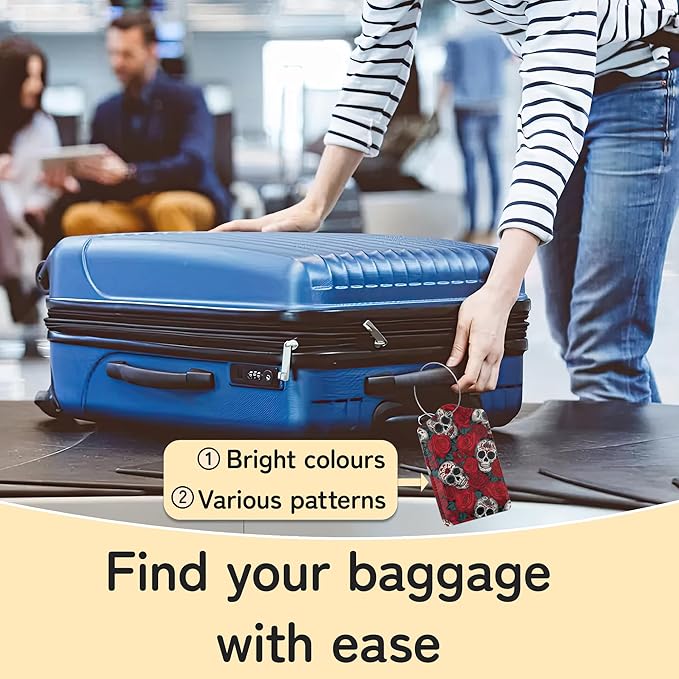 3 Pack PU Sugar Skull and Flowers Leahter Luggage Tag with Stainless Steel Loop,Travel Suitcase Labels with Privacy Cover ID Label Quickly Spot for Bags